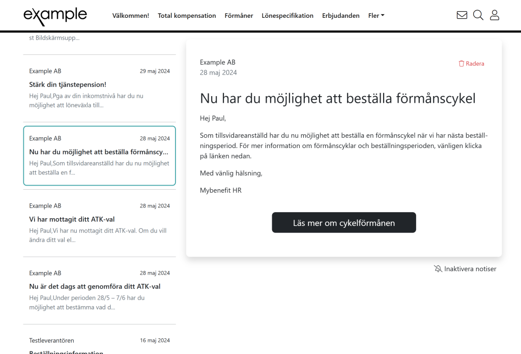 Bild som visar användares vy i Mybenefits kommunikationslösning, dvs den vy där användare kan se meddelanden inkommit i användarens inkorg i portalen