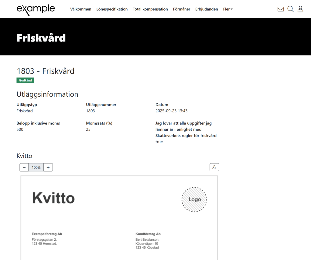användarens vy för att se registrerat kvitto